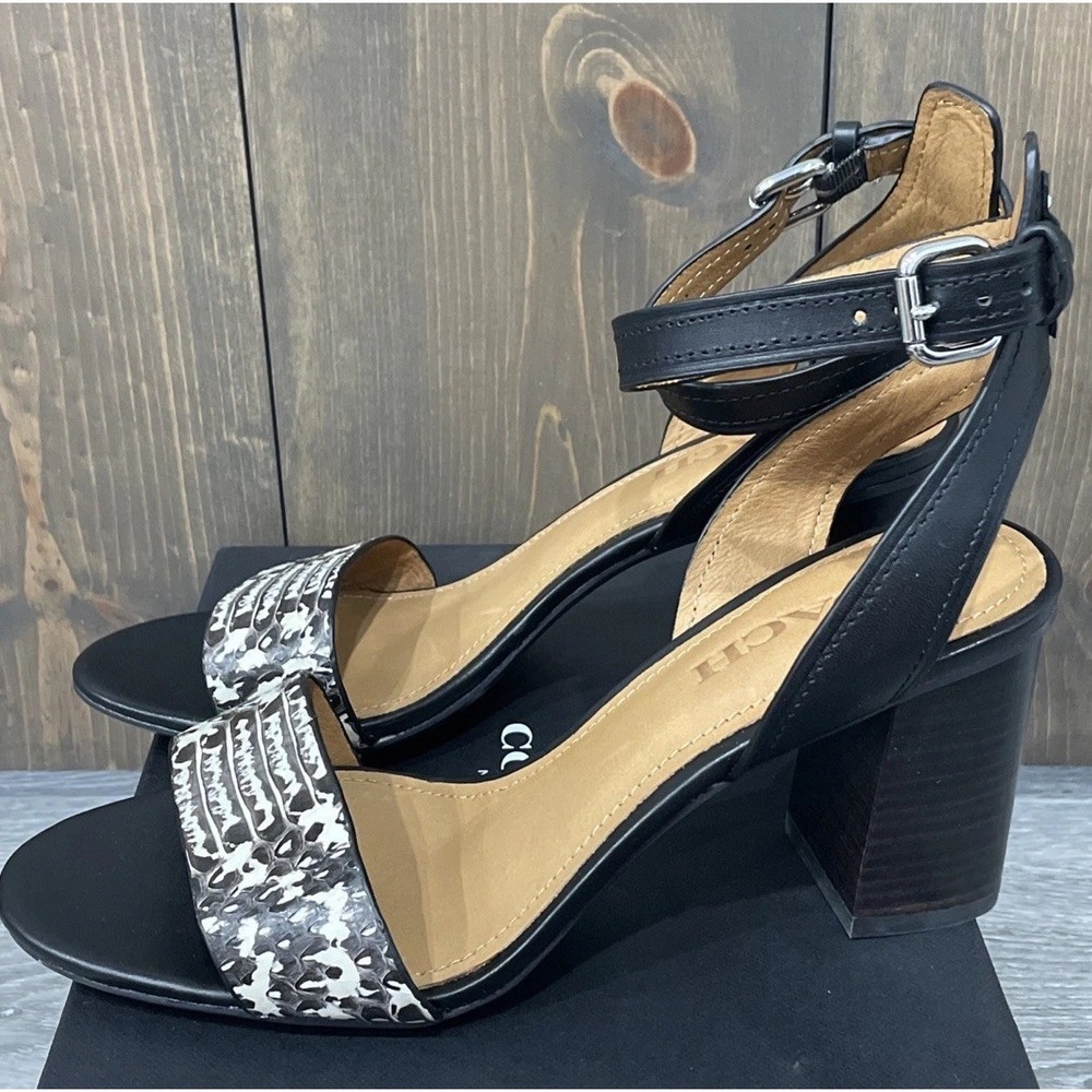 Coach Paige Black White Snake/Mat Calf Leather Block Heel Sandals Women's 8M NEW - Picture 4 of 9
